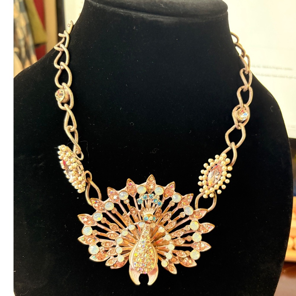Betsey Johnson Rose Gold Peacock Statement Necklace Iridescent Crystal Pearl BJ